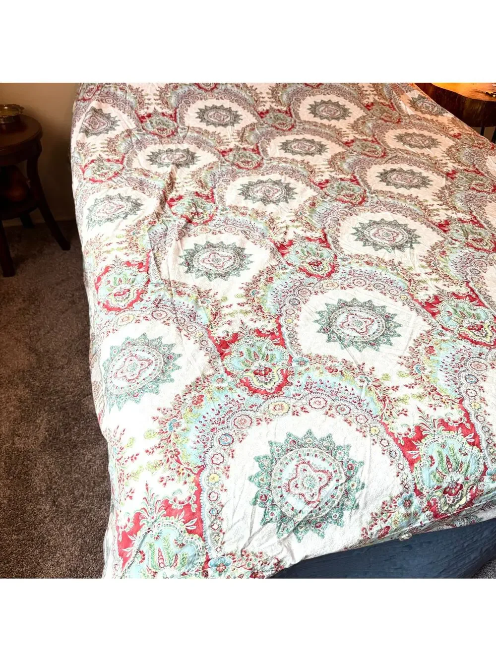Pottery Barn Full Queen Duvet Cover Ivory Red Teal Medallion Paisley Floral Boho
